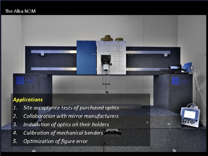 The Alba NOM Applications 1. Site acceptance tests of purchased optics 2. Collaboration with