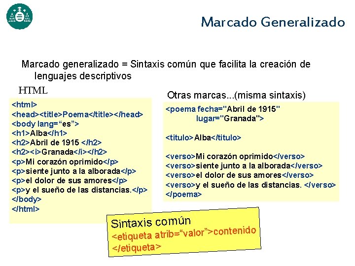 Marcado Generalizado Marcado generalizado = Sintaxis común que facilita la creación de lenguajes descriptivos