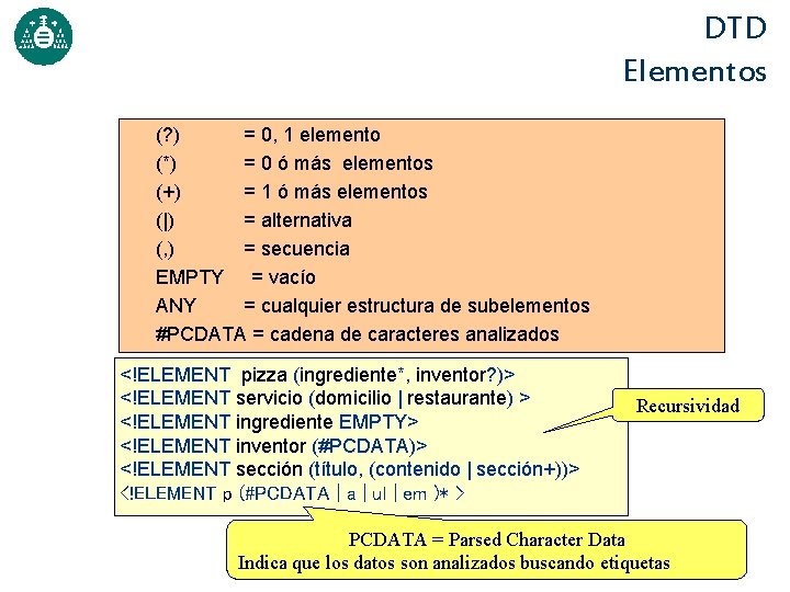 DTD Elementos (? ) = 0, 1 elemento (*) = 0 ó más elementos