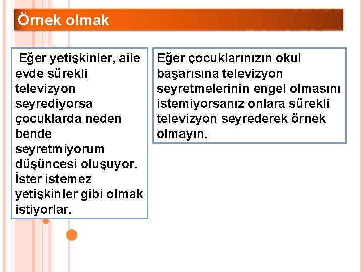 Örnek olmak Eğer yetişkinler, aile evde sürekli televizyon seyrediyorsa çocuklarda neden bende seyretmiyorum düşüncesi