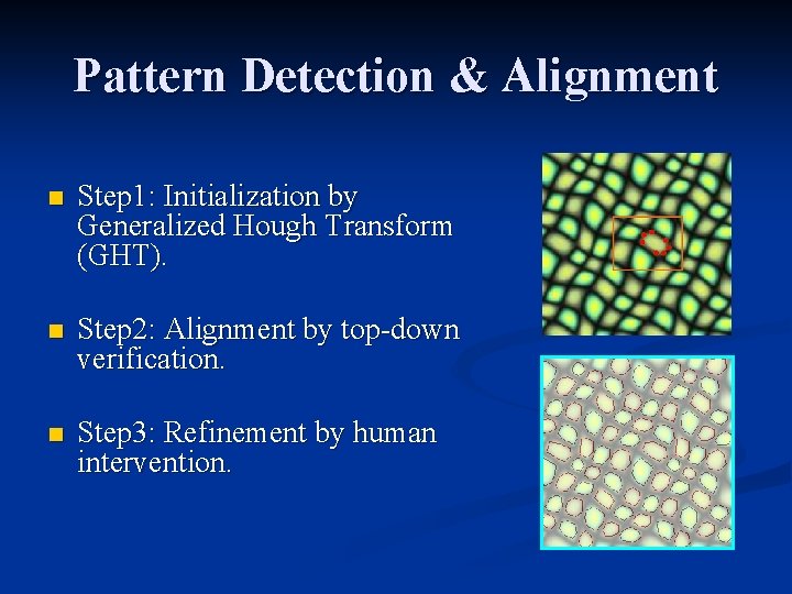 Pattern Detection & Alignment n Step 1: Initialization by Generalized Hough Transform (GHT). n