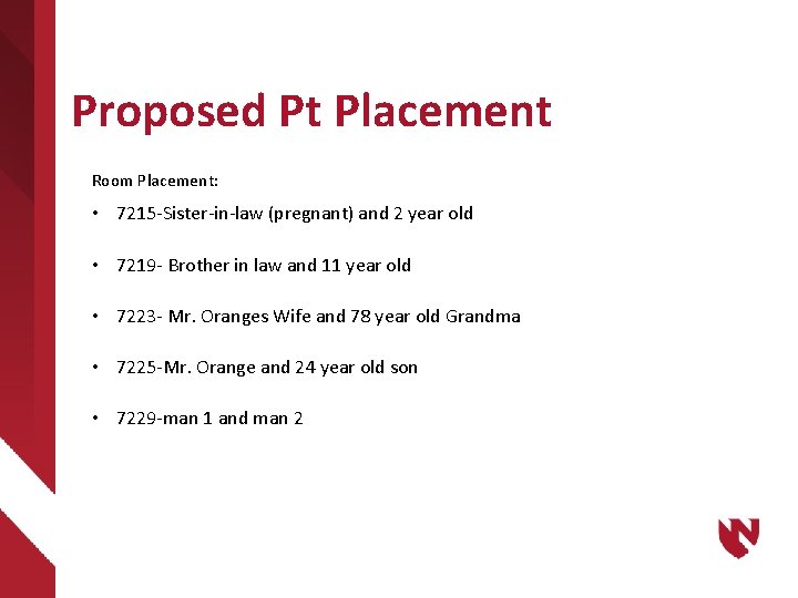 Proposed Pt Placement Room Placement: • 7215 -Sister-in-law (pregnant) and 2 year old •