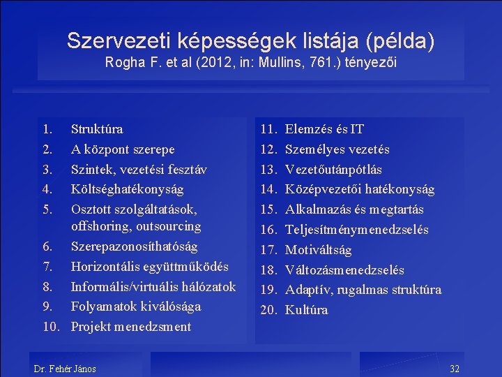 Szervezeti képességek listája (példa) Rogha F. et al (2012, in: Mullins, 761. ) tényezői