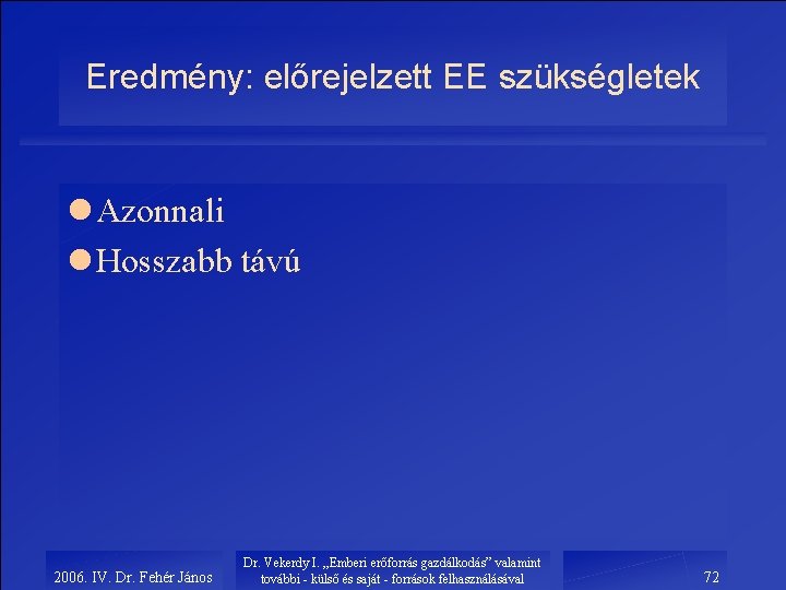 Eredmény: előrejelzett EE szükségletek l Azonnali l Hosszabb távú 2006. IV. Dr. Fehér János