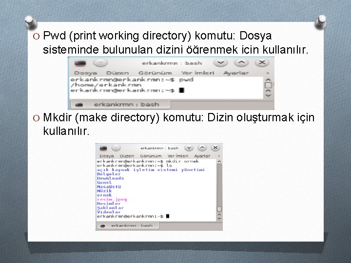 O Pwd (print working directory) komutu: Dosya sisteminde bulunulan dizini öğrenmek için kullanılır. O