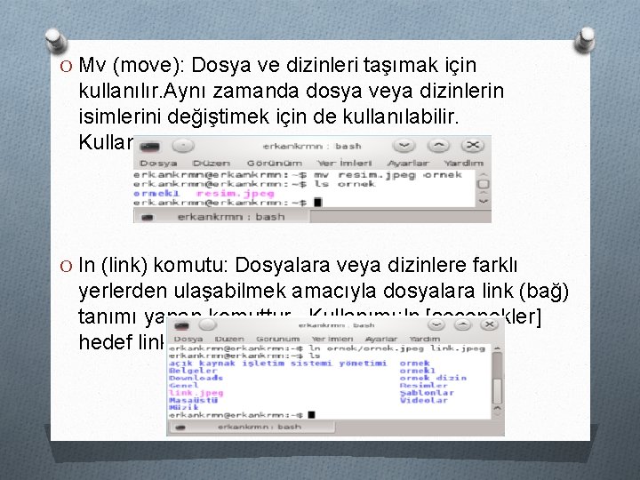 O Mv (move): Dosya ve dizinleri taşımak için kullanılır. Aynı zamanda dosya veya dizinlerin