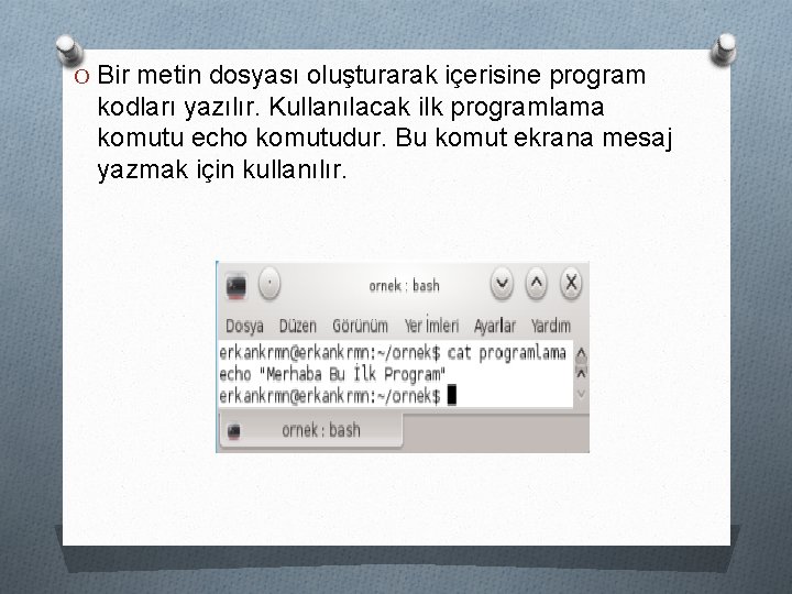 O Bir metin dosyası oluşturarak içerisine program kodları yazılır. Kullanılacak ilk programlama komutu echo