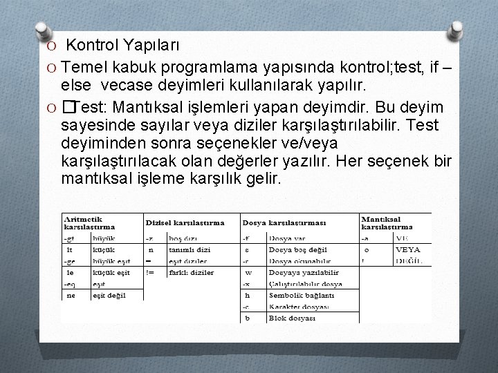 O Kontrol Yapıları O Temel kabuk programlama yapısında kontrol; test, if – else vecase