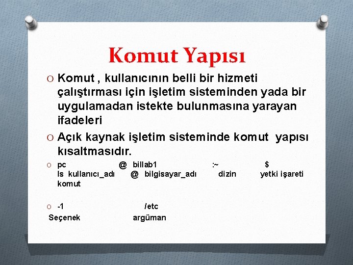 Komut Yapısı O Komut , kullanıcının belli bir hizmeti çalıştırması için işletim sisteminden yada