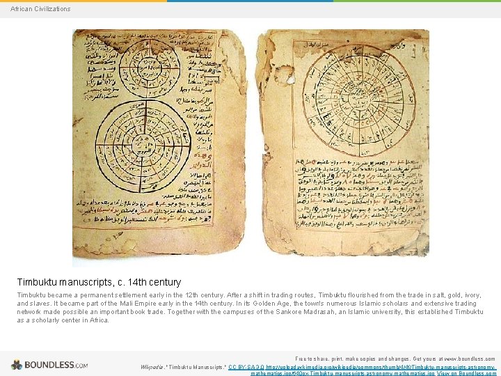 African Civilizations Timbuktu manuscripts, c. 14 th century Timbuktu became a permanent settlement early