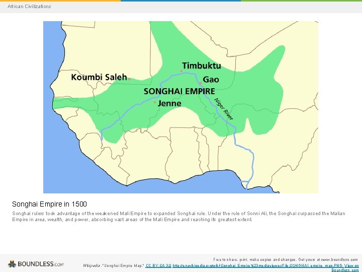 African Civilizations Songhai Empire in 1500 Songhai rulers took advantage of the weakened Mali