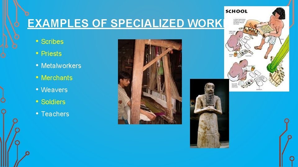 EXAMPLES OF SPECIALIZED WORKERS • Scribes • Priests • Metalworkers • Merchants • Weavers