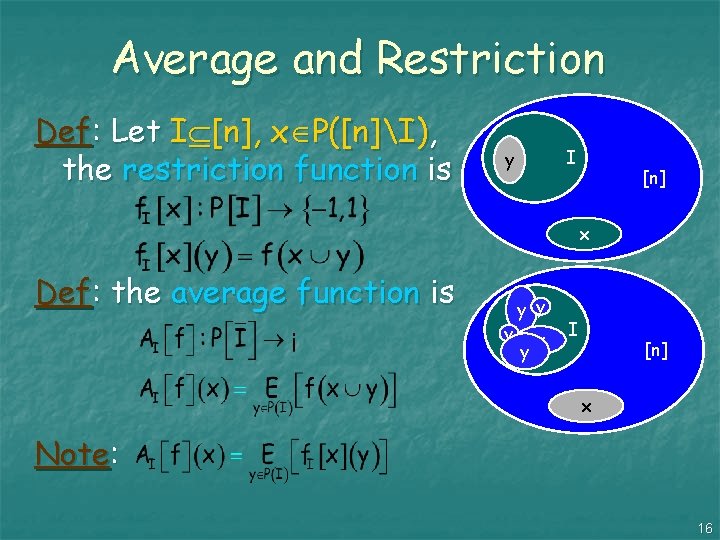 Average and Restriction Def: Let I [n], x P([n]I), the restriction function is I