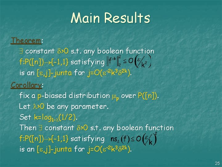 Main Results Theorem: constant >0 s. t. any boolean function f: P([n]) {-1, 1}