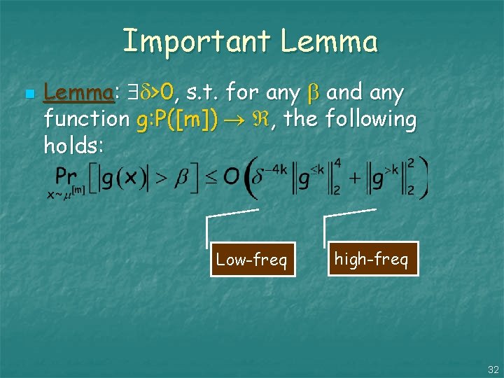 Important Lemma n Lemma: >0, s. t. for any and any function g: P([m])