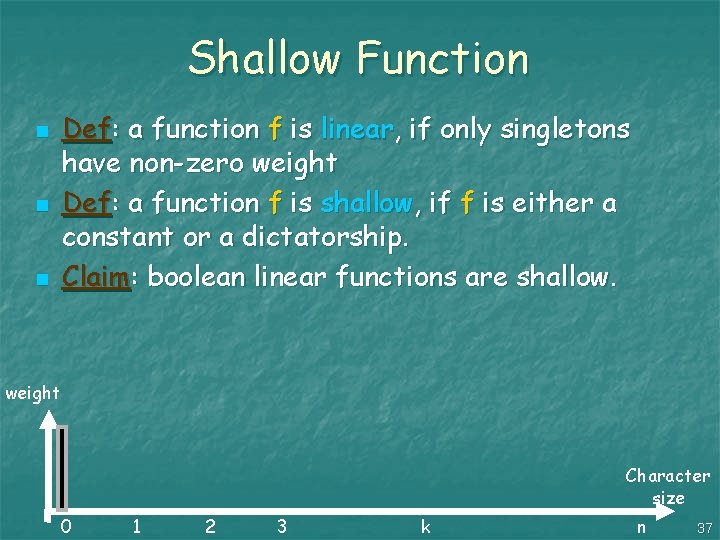 Shallow Function Def: a function f is linear, if only singletons have non-zero weight
