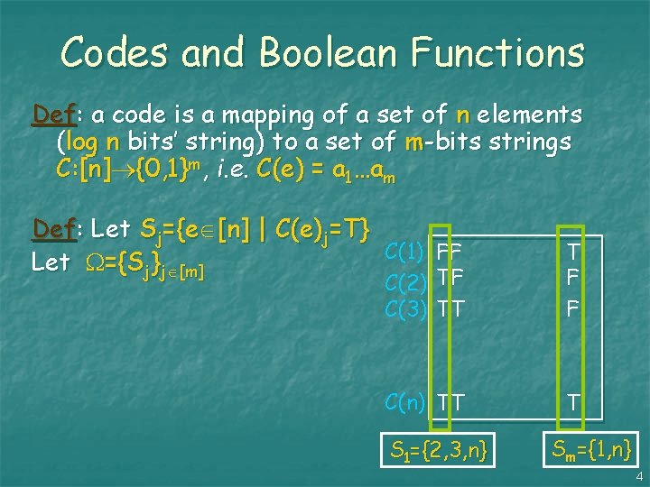 Codes and Boolean Functions Def: a code is a mapping of a set of