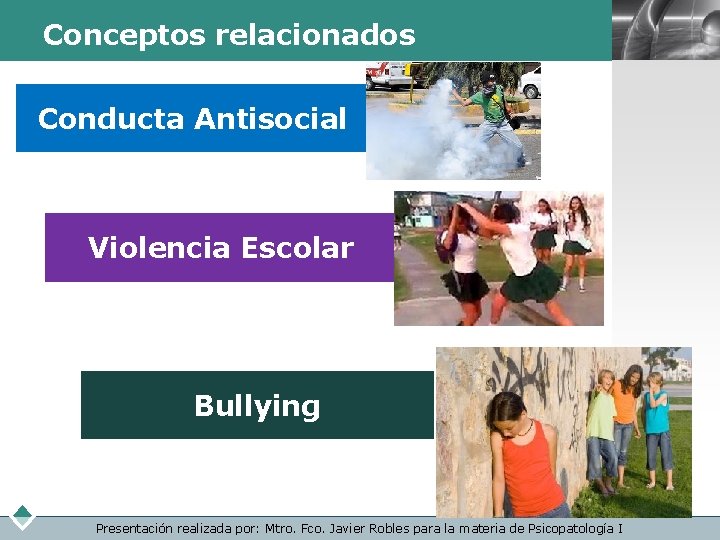 Conceptos relacionados Conducta Antisocial Violencia Escolar Bullying Presentación realizada por: Mtro. Fco. Javier Robles