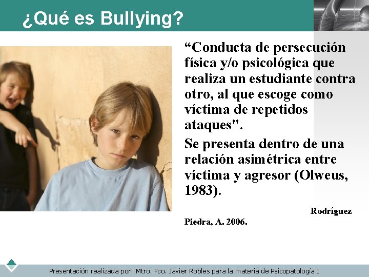 ¿Qué es Bullying? LOGO “Conducta de persecución física y/o psicológica que realiza un estudiante