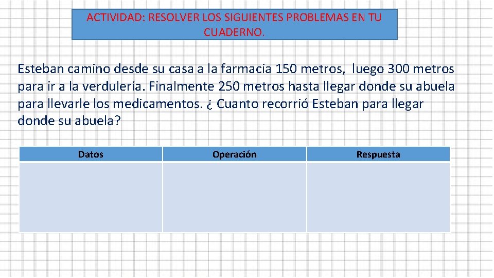 ACTIVIDAD: RESOLVER LOS SIGUIENTES PROBLEMAS EN TU CUADERNO. Esteban camino desde su casa a