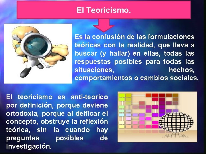 El Teoricismo. Es la confusión de las formulaciones teóricas con la realidad, que lleva