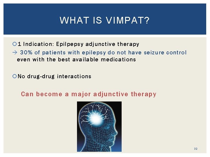 WHAT IS VIMPAT? 1 Indication: Epilpepsy adjunctive therapy 30% of patients with epilepsy do