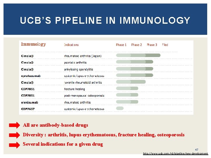 UCB’S PIPELINE IN IMMUNOLOGY All are antibody-based drugs Diversity : arthritis, lupus erythematosus, fracture