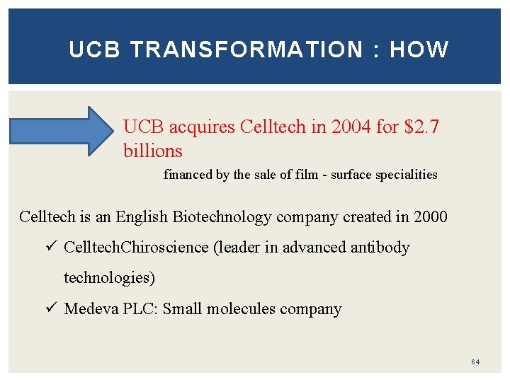 UCB TRANSFORMATION : HOW UCB acquires Celltech in 2004 for $2. 7 billions financed