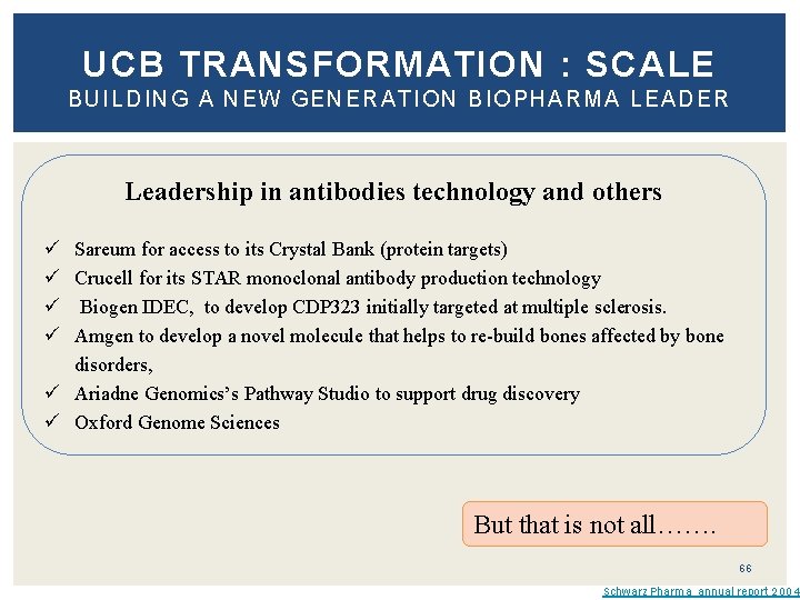 UCB TRANSFORMATION : SCALE BUILDING A NEW GENERATION BIOPHARMA LE ADER Leadership in antibodies