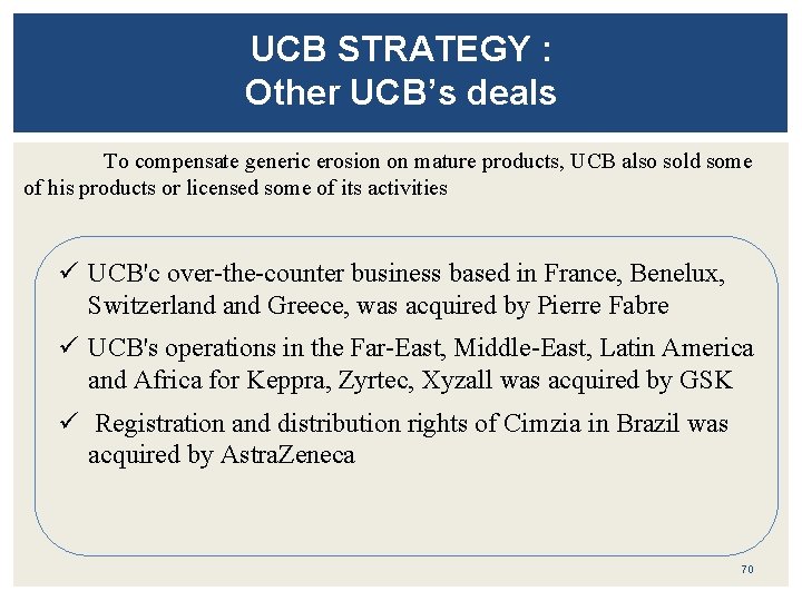 UCB STRATEGY : Other UCB’s deals To compensate generic erosion on mature products, UCB