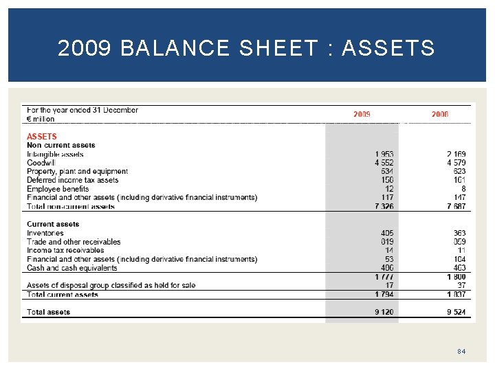 2009 BALANCE SHEET : ASSETS 84 