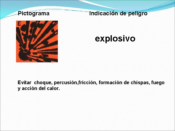 Pictograma Indicación de peligro explosivo Evitar choque, percusión, fricción, formación de chispas, fuego y