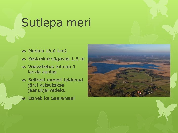 Sutlepa meri Pindala 18, 8 km 2 Keskmine sügavus 1, 5 m Veevahetus toimub