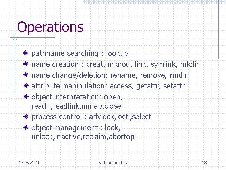 Operations pathname searching : lookup name creation : creat, mknod, link, symlink, mkdir name