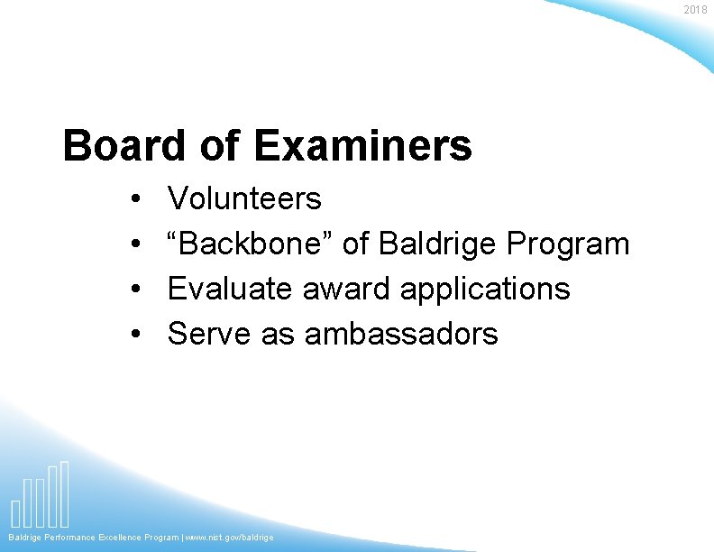2018 Board of Examiners • • Volunteers “Backbone” of Baldrige Program Evaluate award applications