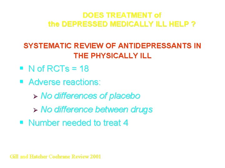 DOES TREATMENT of the DEPRESSED MEDICALLY ILL HELP ? SYSTEMATIC REVIEW OF ANTIDEPRESSANTS IN
