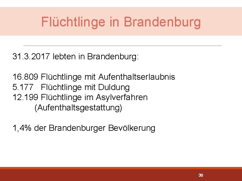Flüchtlinge in Brandenburg 31. 3. 2017 lebten in Brandenburg: 16. 809 Flüchtlinge mit Aufenthaltserlaubnis