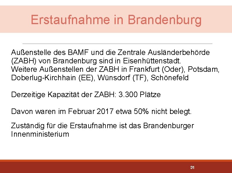 Erstaufnahme in Brandenburg Außenstelle des BAMF und die Zentrale Ausländerbehörde (ZABH) von Brandenburg sind