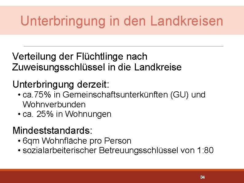 Unterbringung in den Landkreisen Verteilung der Flüchtlinge nach Zuweisungsschlüssel in die Landkreise Unterbringung derzeit: