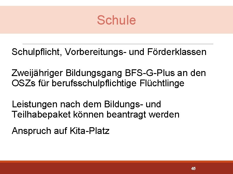 Schule Schulpflicht, Vorbereitungs- und Förderklassen Zweijähriger Bildungsgang BFS-G-Plus an den OSZs für berufsschulpflichtige Flüchtlinge