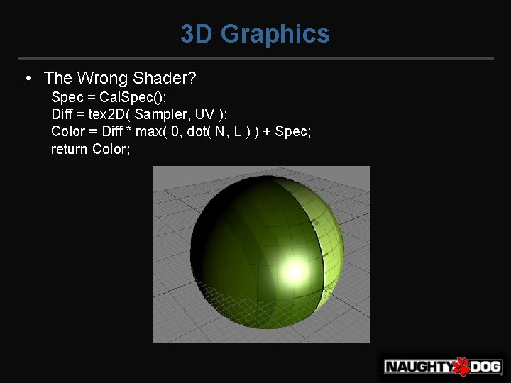 3 D Graphics • The Wrong Shader? Spec = Cal. Spec(); Diff = tex