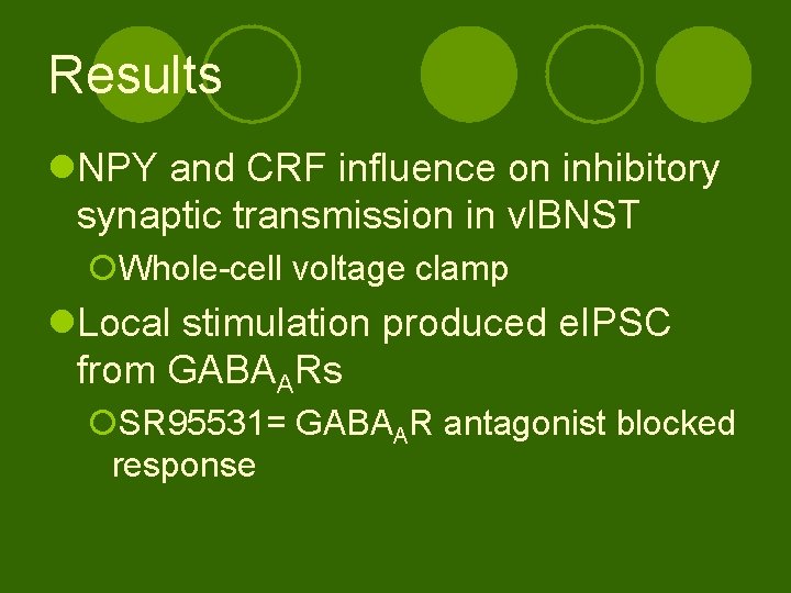 Results l. NPY and CRF influence on inhibitory synaptic transmission in vl. BNST ¡Whole-cell