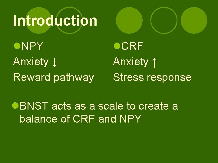 Introduction l. NPY Anxiety ↓ Reward pathway l. CRF Anxiety ↑ Stress response l.