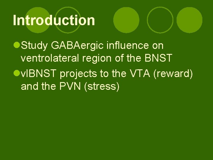 Introduction l. Study GABAergic influence on ventrolateral region of the BNST lvl. BNST projects