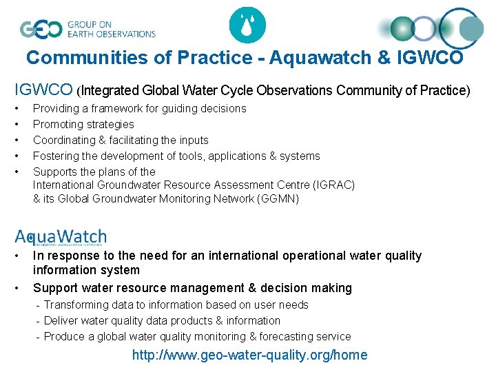 Communities of Practice - Aquawatch & IGWCO (Integrated Global Water Cycle Observations Community of