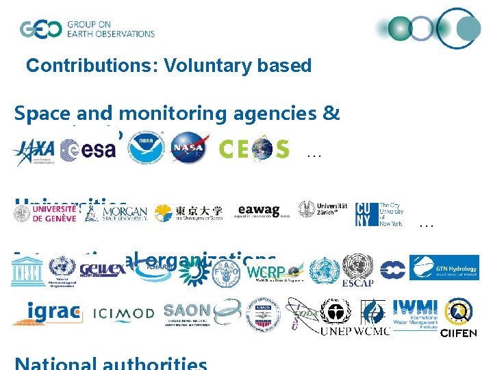 Contributions: Voluntary based Space and monitoring agencies & organisations … Universities … International organizations