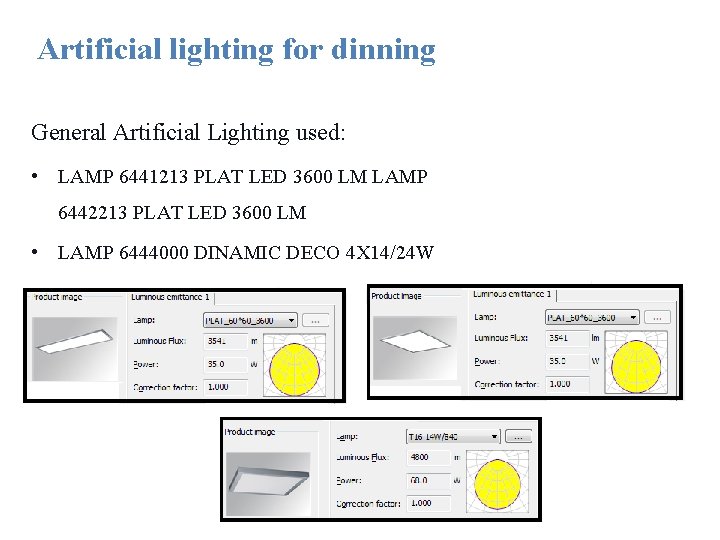 Artificial lighting for dinning General Artificial Lighting used: • LAMP 6441213 PLAT LED 3600