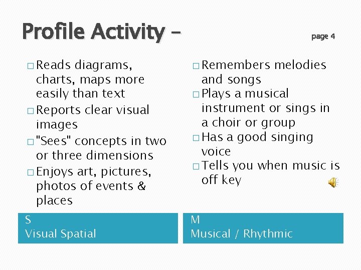 Profile Activity – page 4 � Reads diagrams, charts, maps more easily than text