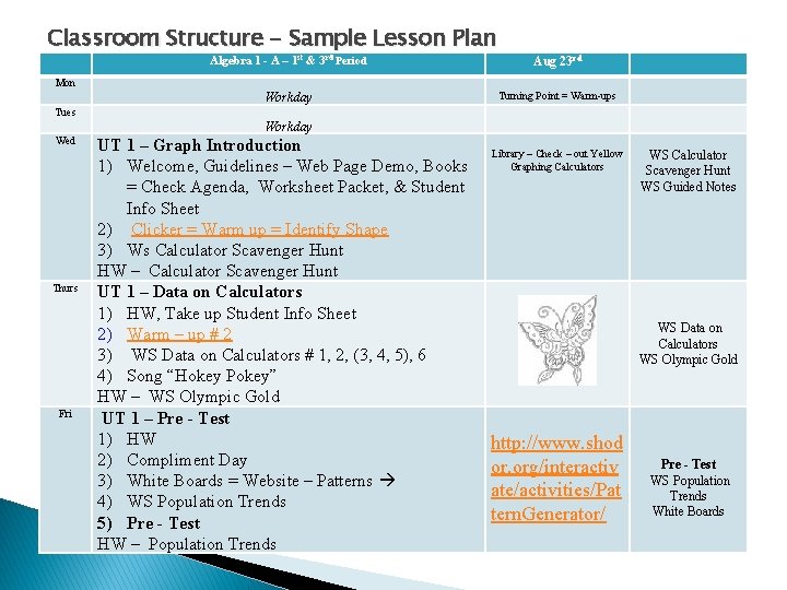 Classroom Structure - Sample Lesson Plan Algebra 1 - A – 1 st &