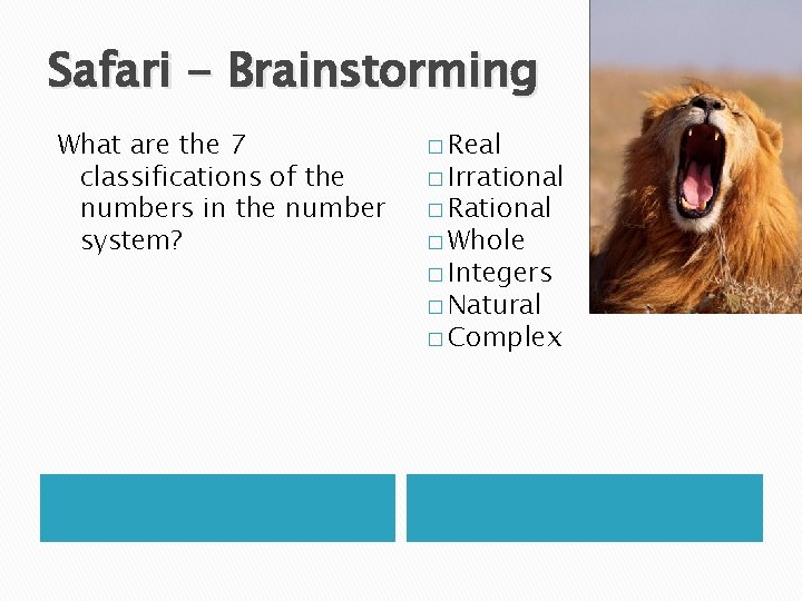 Safari - Brainstorming What are the 7 classifications of the numbers in the number